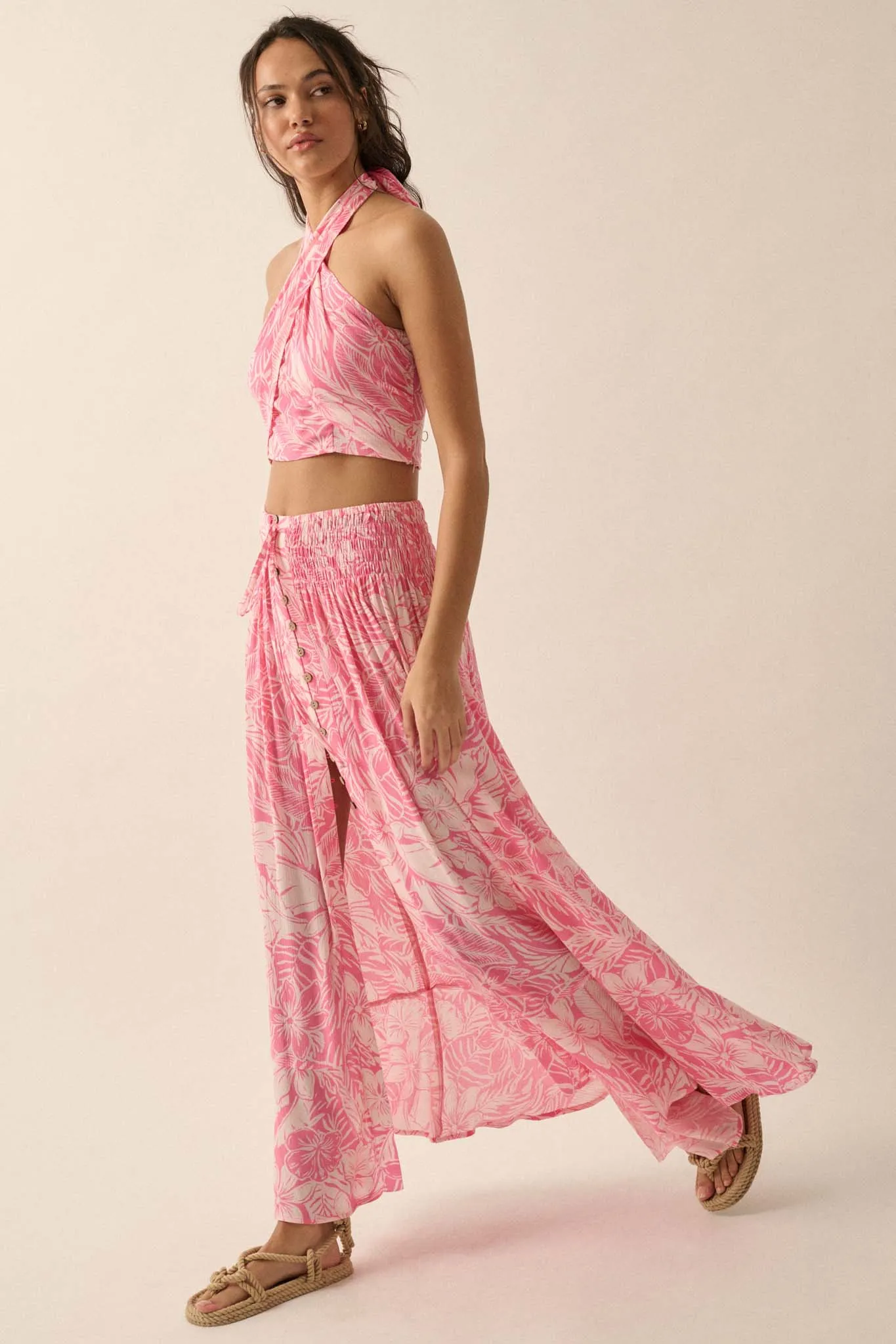 Tropical Treasure Floral Button-Front Maxi Skirt