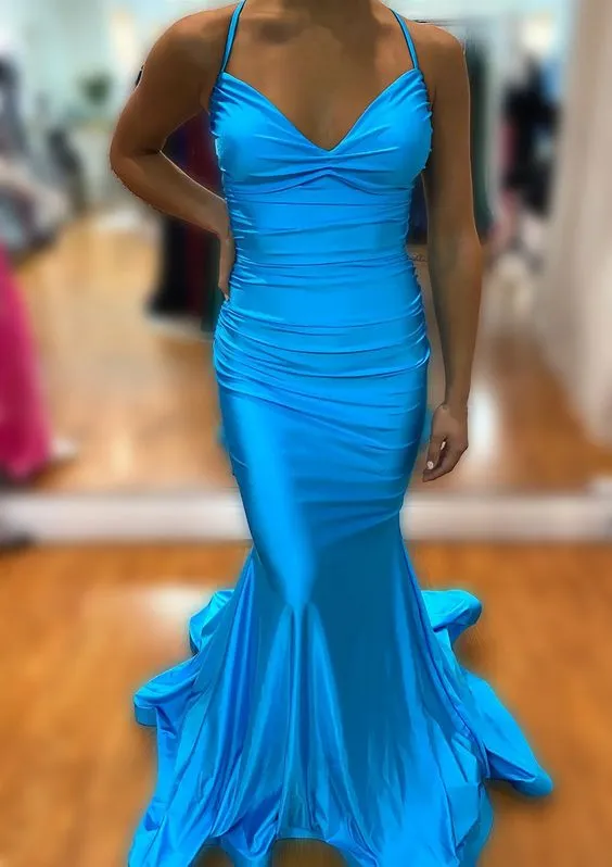 Trumpet/Mermaid V Neck Sleeveless Sweep Train Prom Dress With Pleated       fg4726