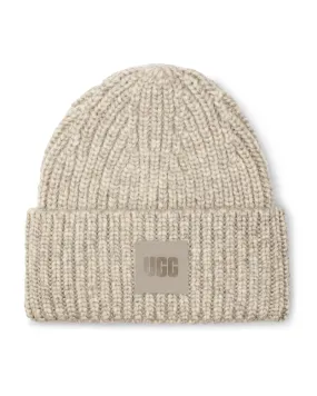 UGG Light Grey Chunky Rib Knit Beanie with Logo