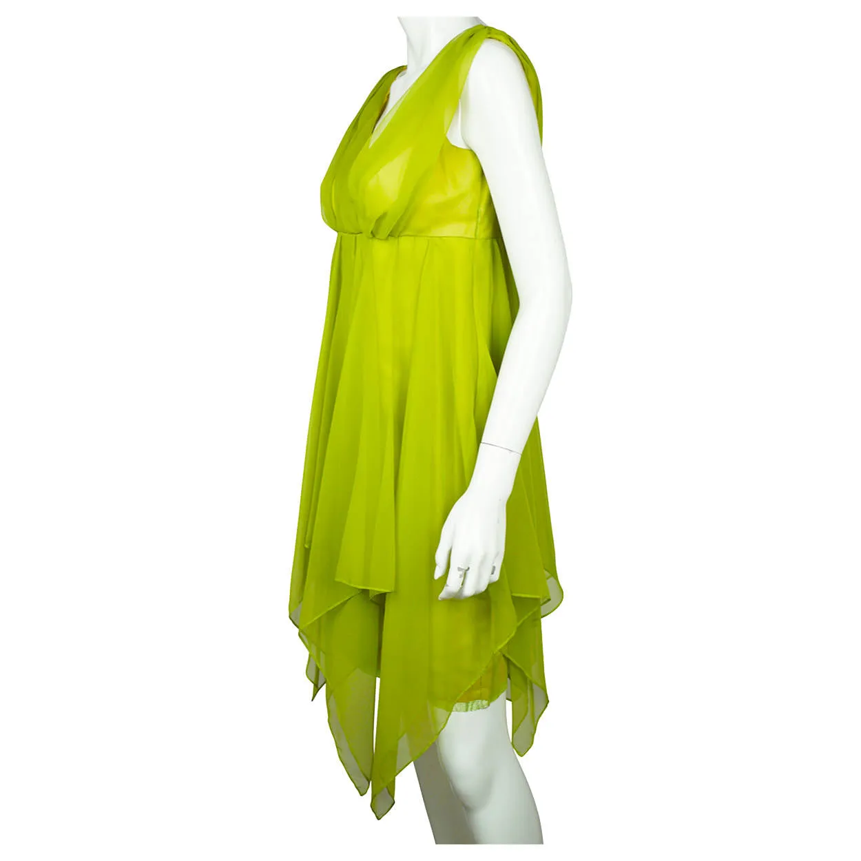 Vintage 1960s Dress Chartreuse Green Chiffon with Handkerchief Hem Size M