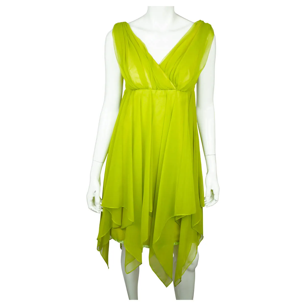 Vintage 1960s Dress Chartreuse Green Chiffon with Handkerchief Hem Size M