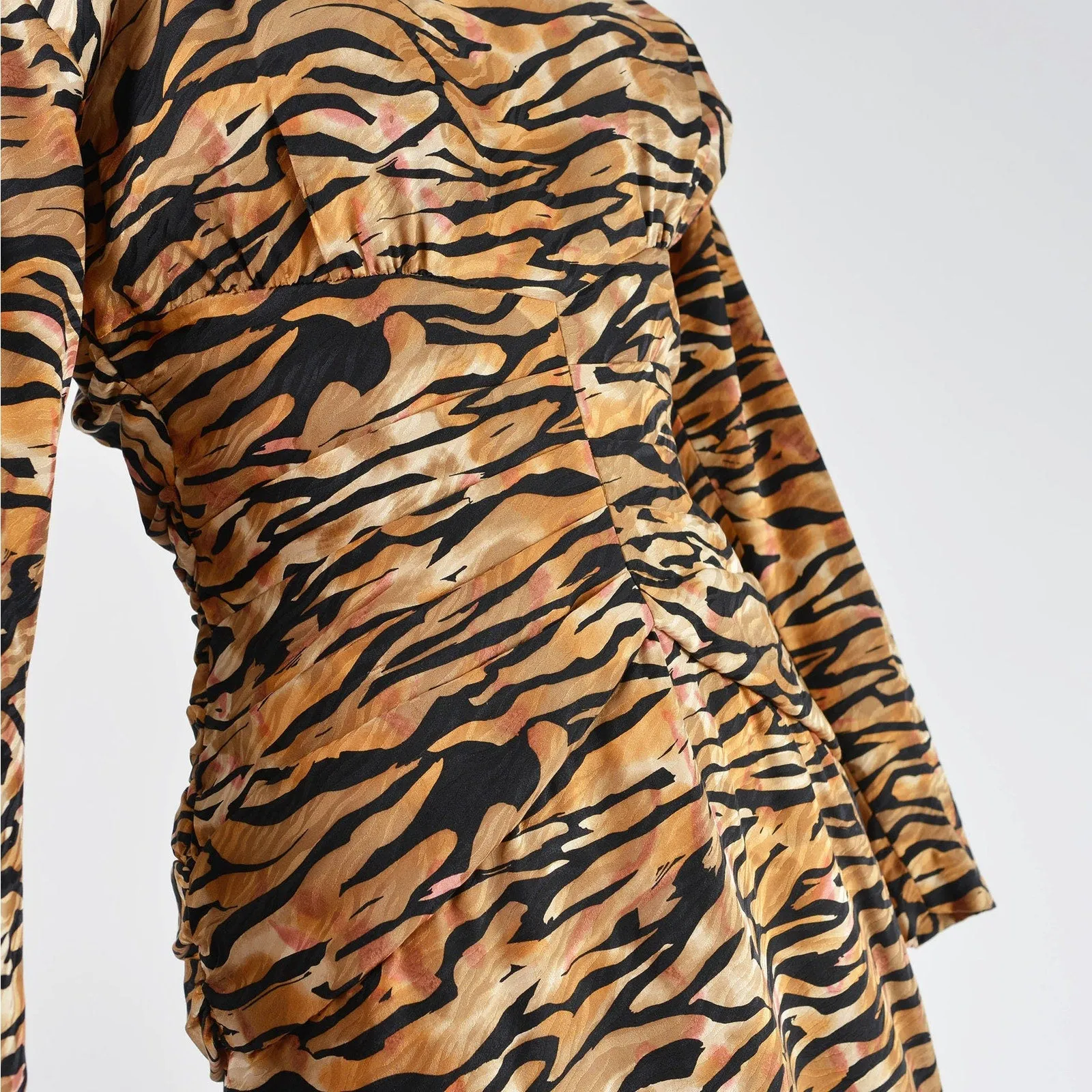 Vintage 80s Lillie Rubin Silk Animal Print Puff Sleeve Cut Out Cocktail Dress S