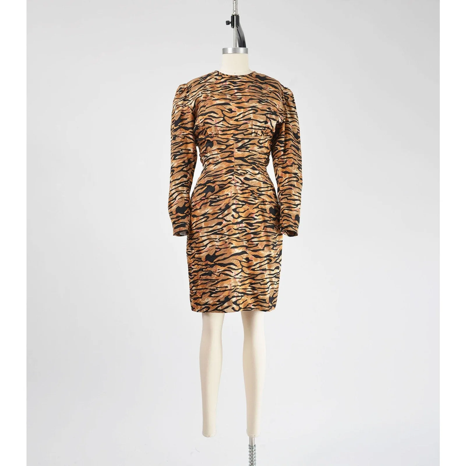 Vintage 80s Lillie Rubin Silk Animal Print Puff Sleeve Cut Out Cocktail Dress S