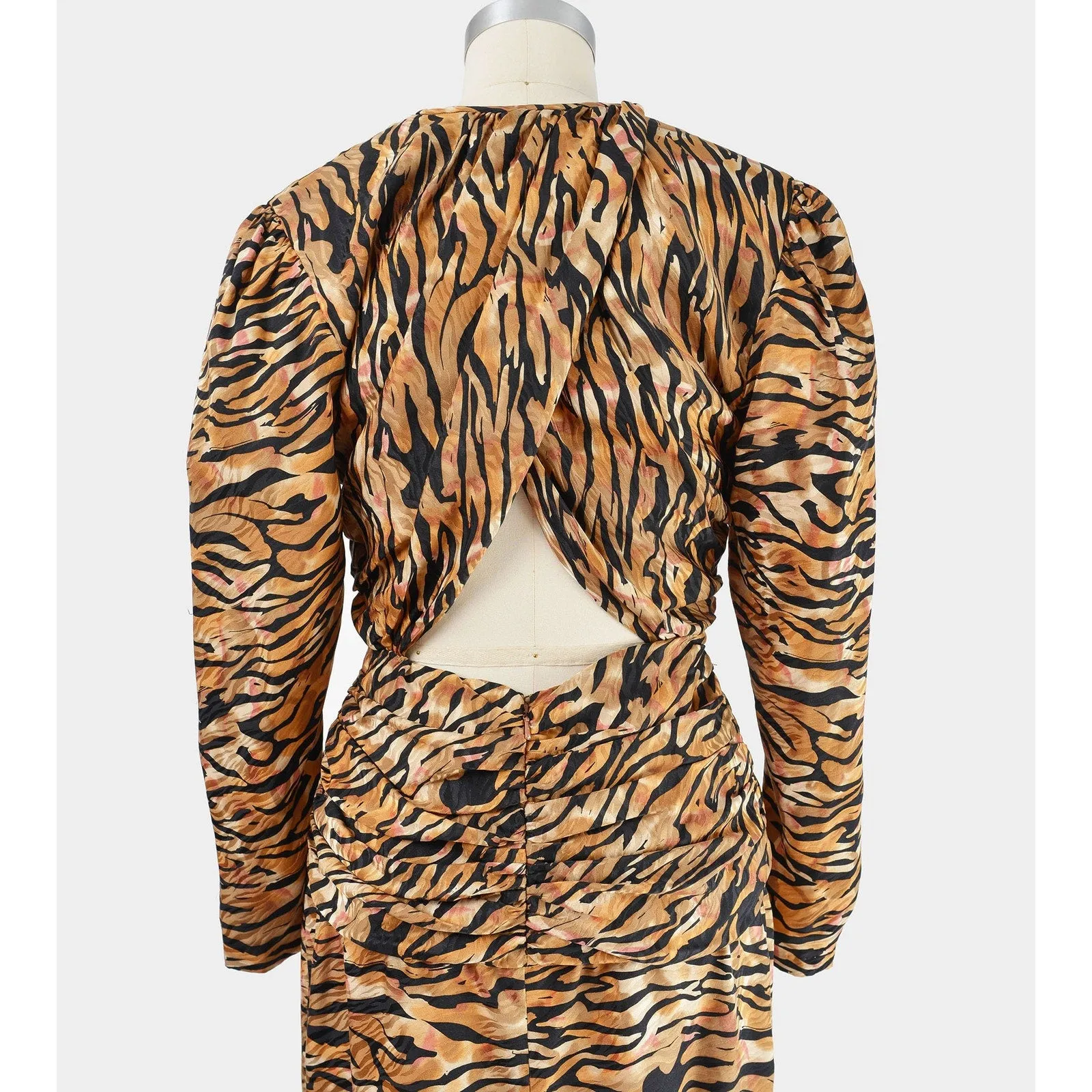 Vintage 80s Lillie Rubin Silk Animal Print Puff Sleeve Cut Out Cocktail Dress S