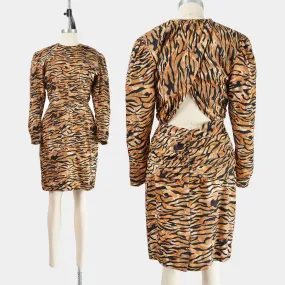 Vintage 80s Lillie Rubin Silk Animal Print Puff Sleeve Cut Out Cocktail Dress S