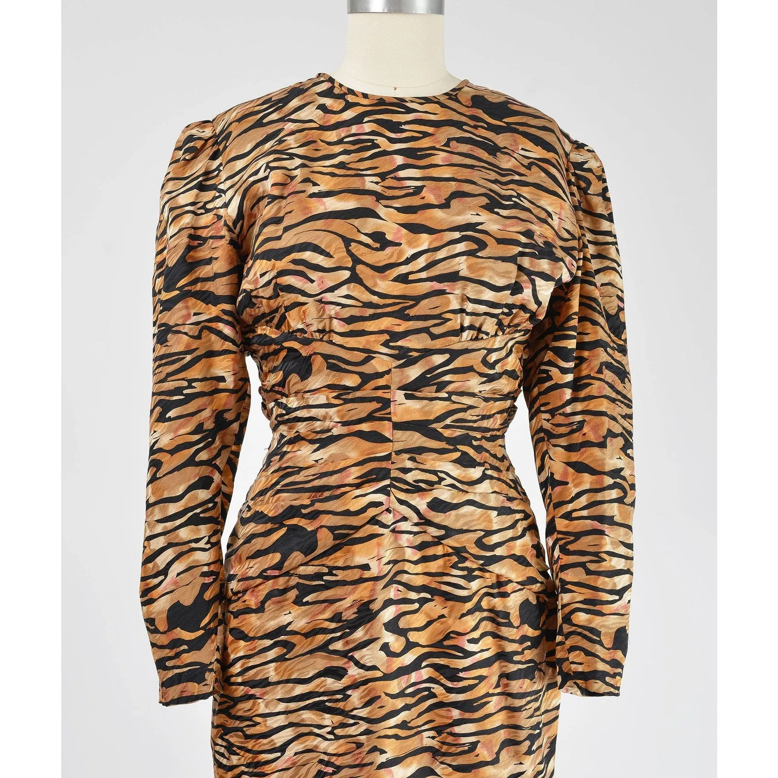 Vintage 80s Lillie Rubin Silk Animal Print Puff Sleeve Cut Out Cocktail Dress S