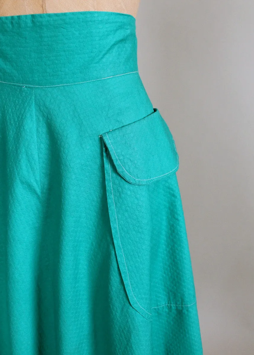 Vintage Early 1950s Teal Cotton Skirt with Pockets