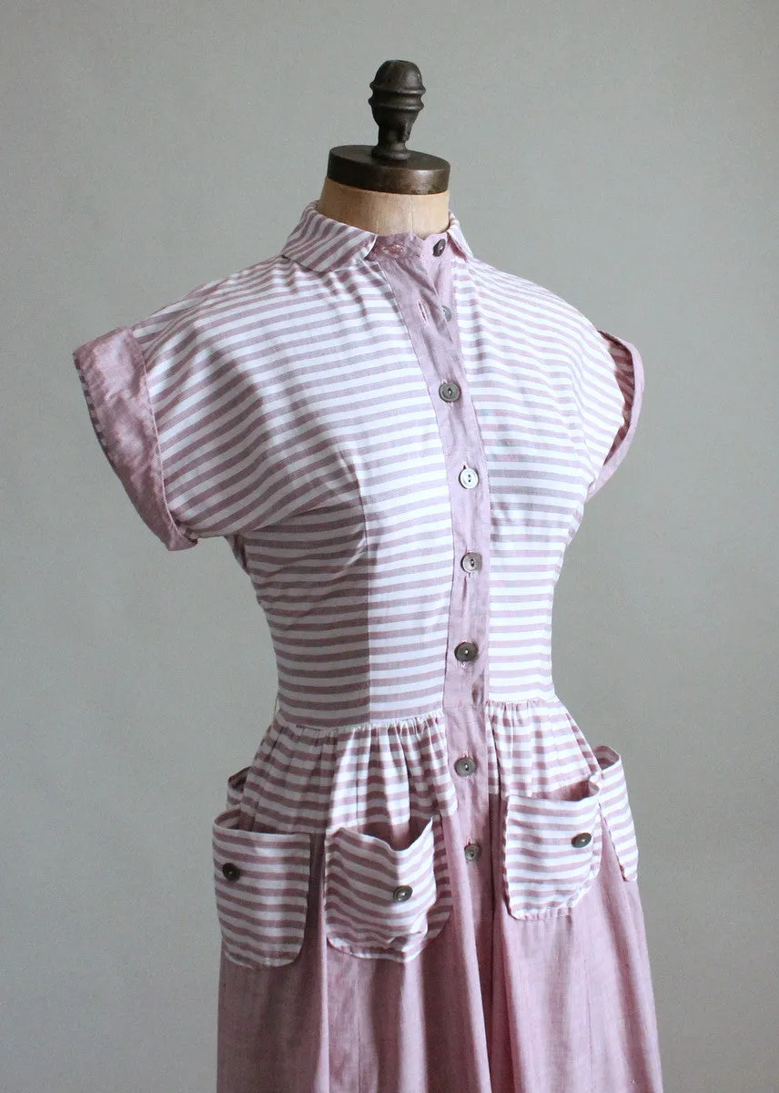 Vintage Late 1940s Lavender Striped Mulit Pocket Dress