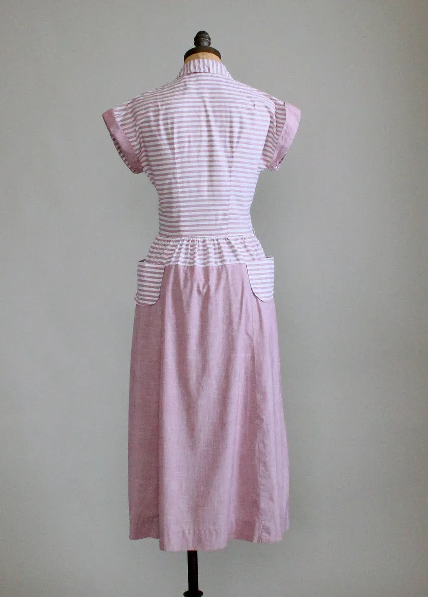 Vintage Late 1940s Lavender Striped Mulit Pocket Dress