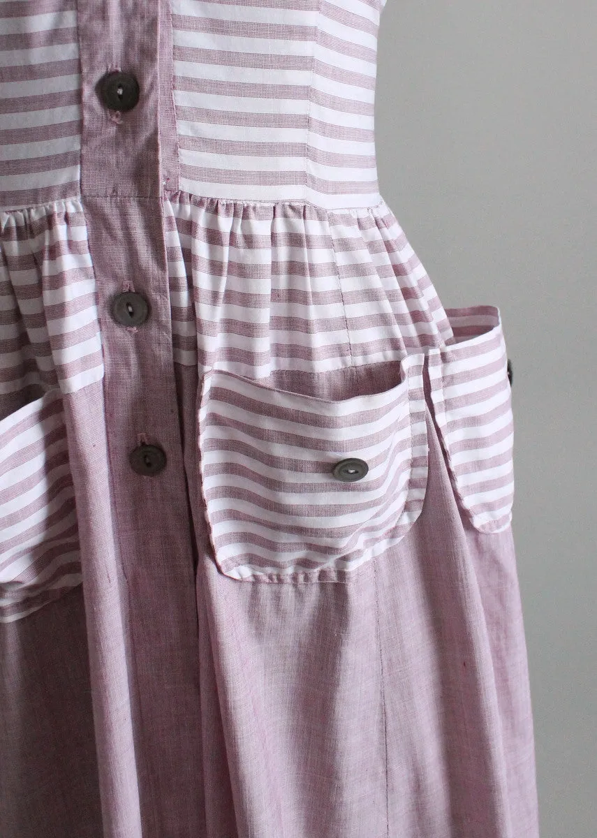 Vintage Late 1940s Lavender Striped Mulit Pocket Dress