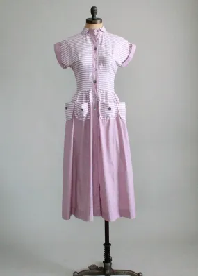 Vintage Late 1940s Lavender Striped Mulit Pocket Dress