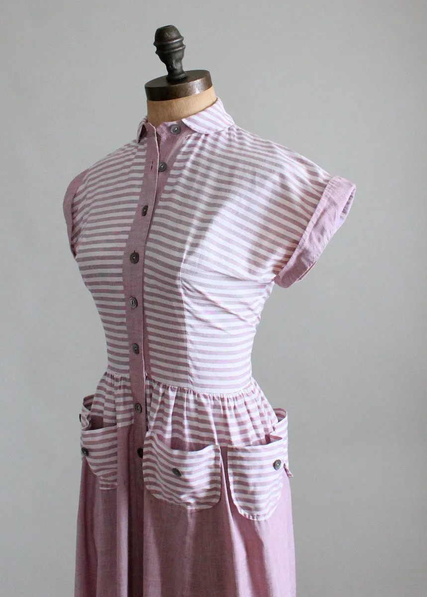 Vintage Late 1940s Lavender Striped Mulit Pocket Dress