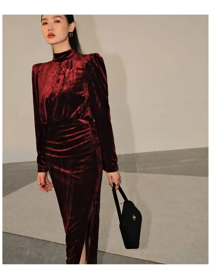 Vintage Retro highend half Turtleneck Side Slit Velvet dress - Kibeds Nissl Red