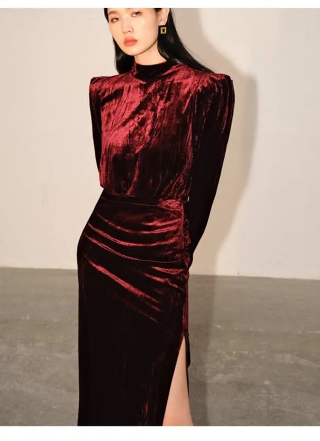 Vintage Retro highend half Turtleneck Side Slit Velvet dress - Kibeds Nissl Red