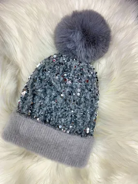 Weekend Coffee Run Sequin Furry Pom Pom Beanie - Gray