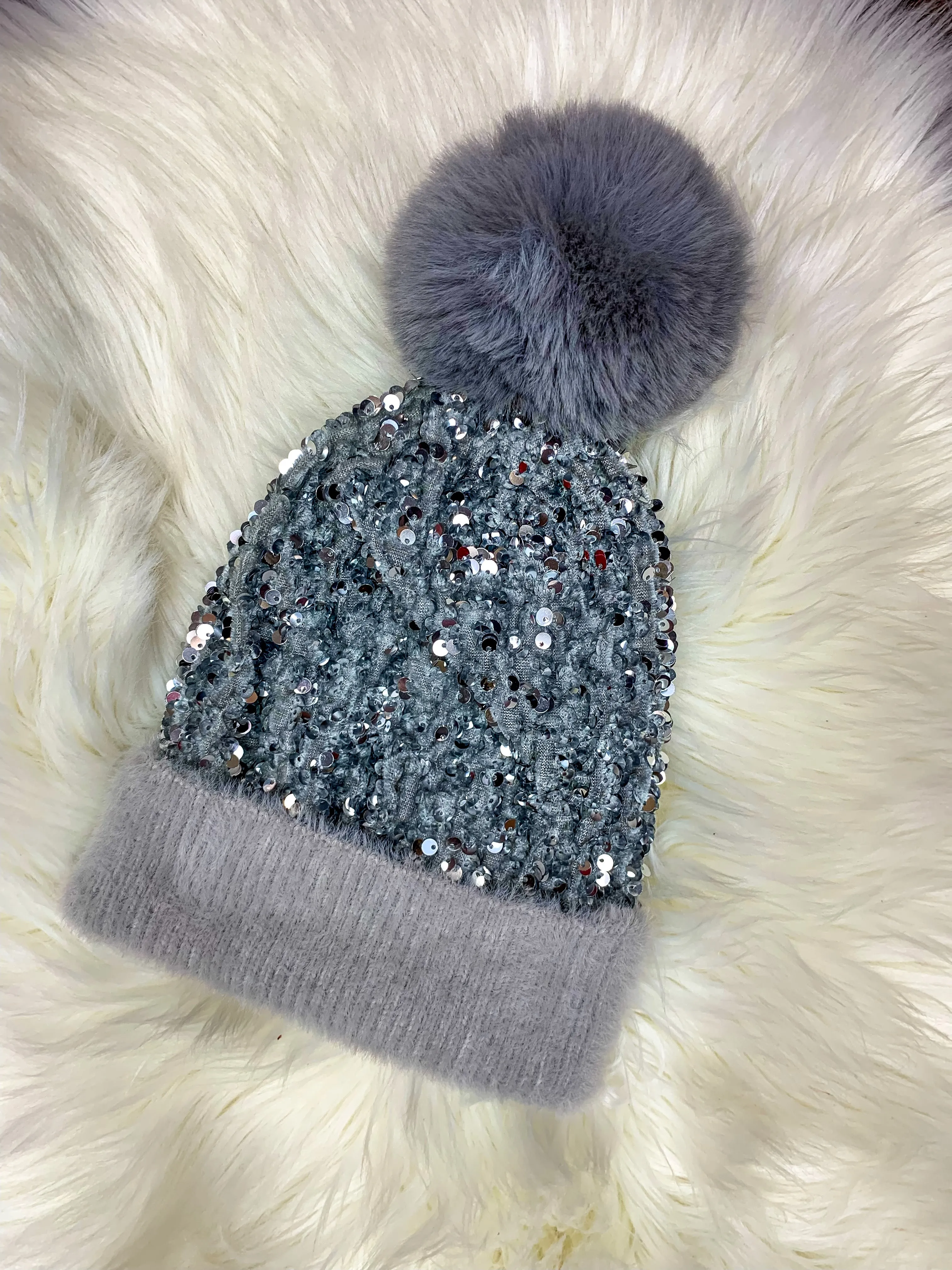 Weekend Coffee Run Sequin Furry Pom Pom Beanie - Gray