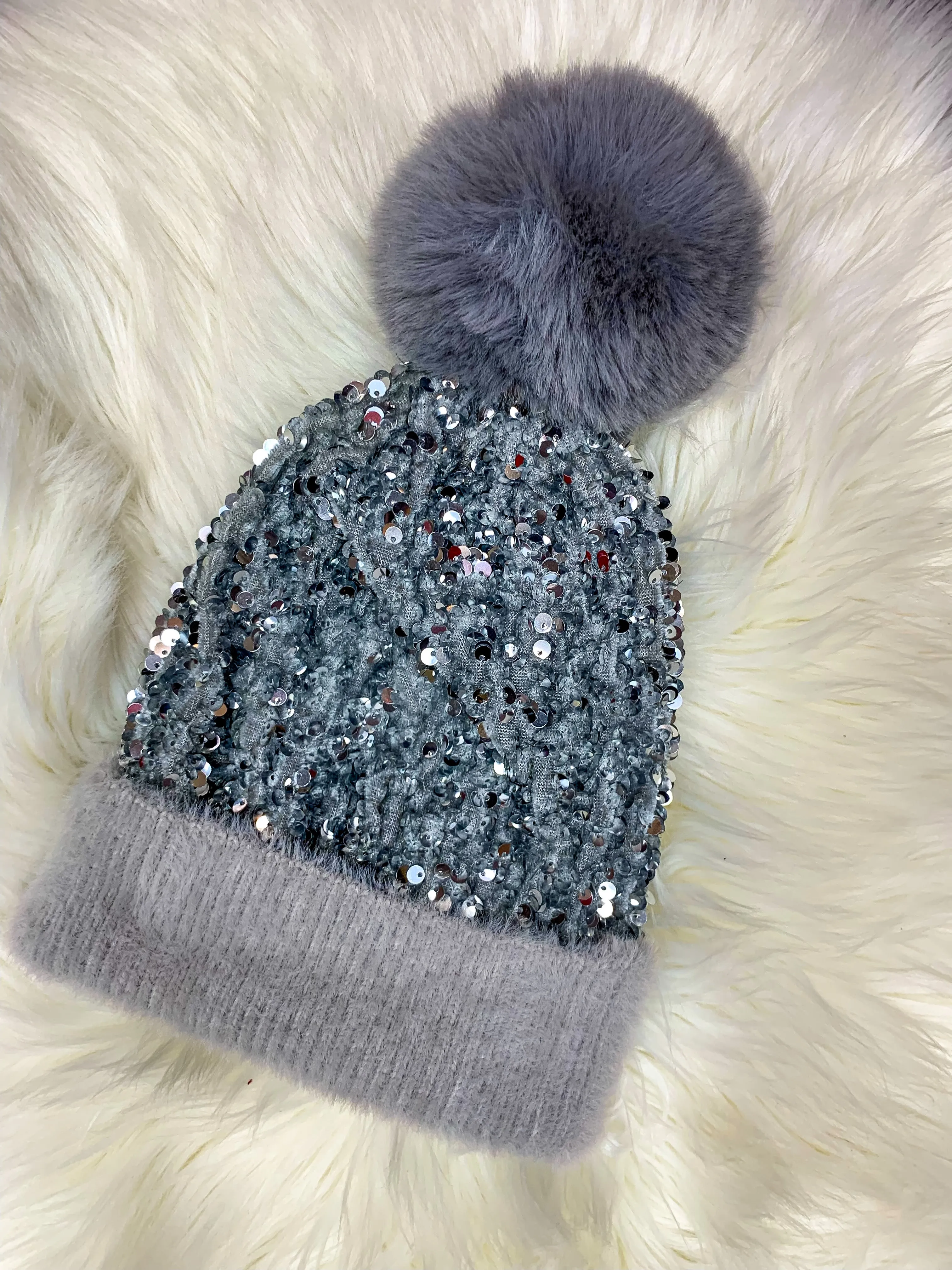 Weekend Coffee Run Sequin Furry Pom Pom Beanie - Gray