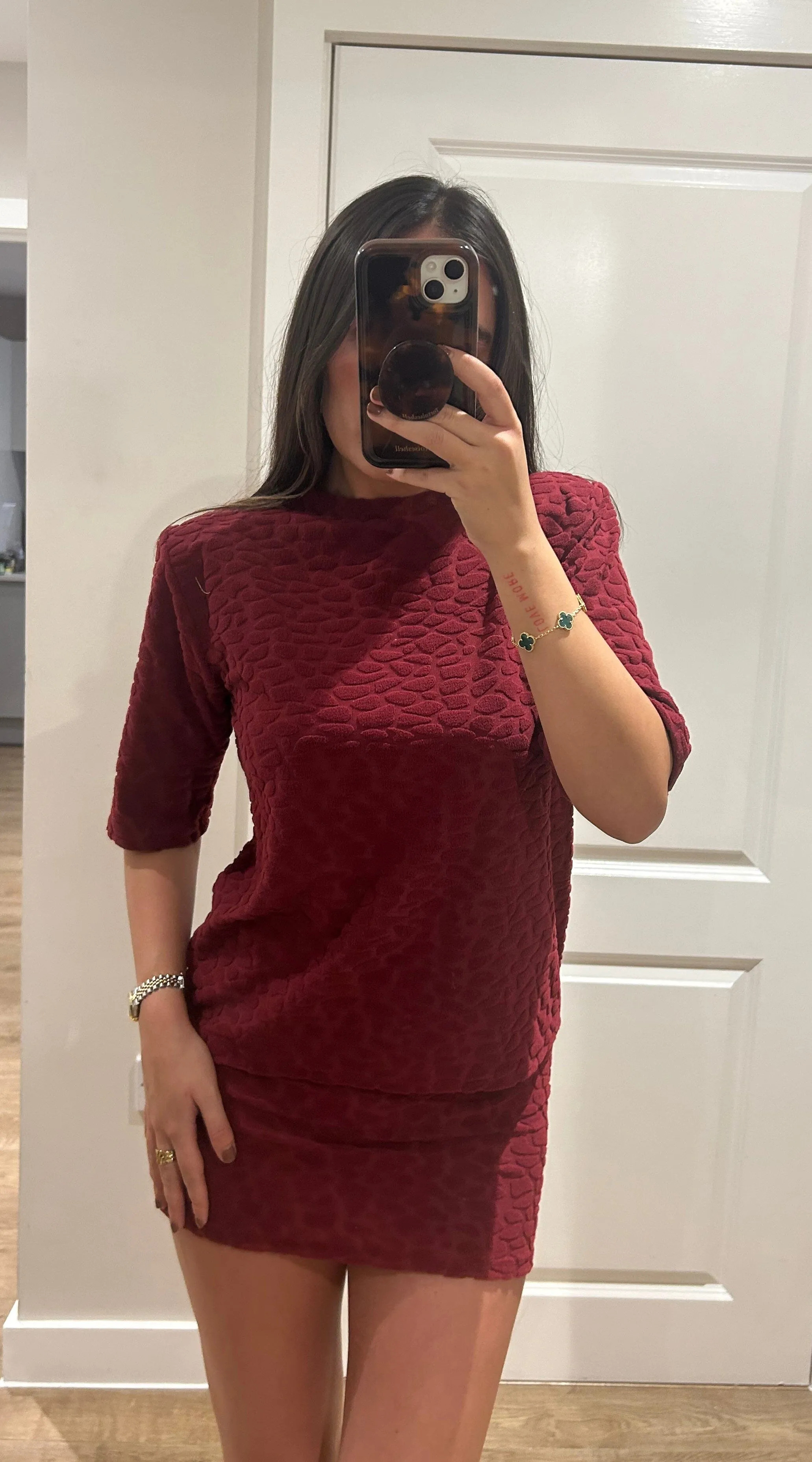 Wine Terry Towelling Pebble Print T-shirt & Mini Skirt