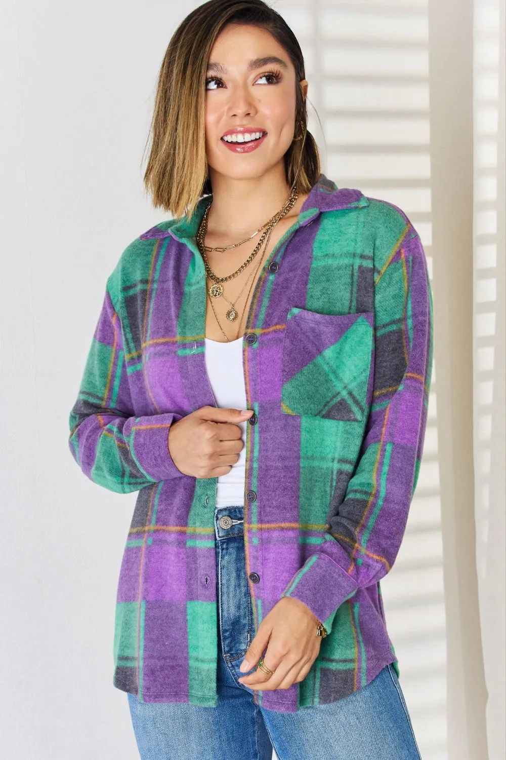 Zenana Plaid Button Up Long Sleeve Jacket