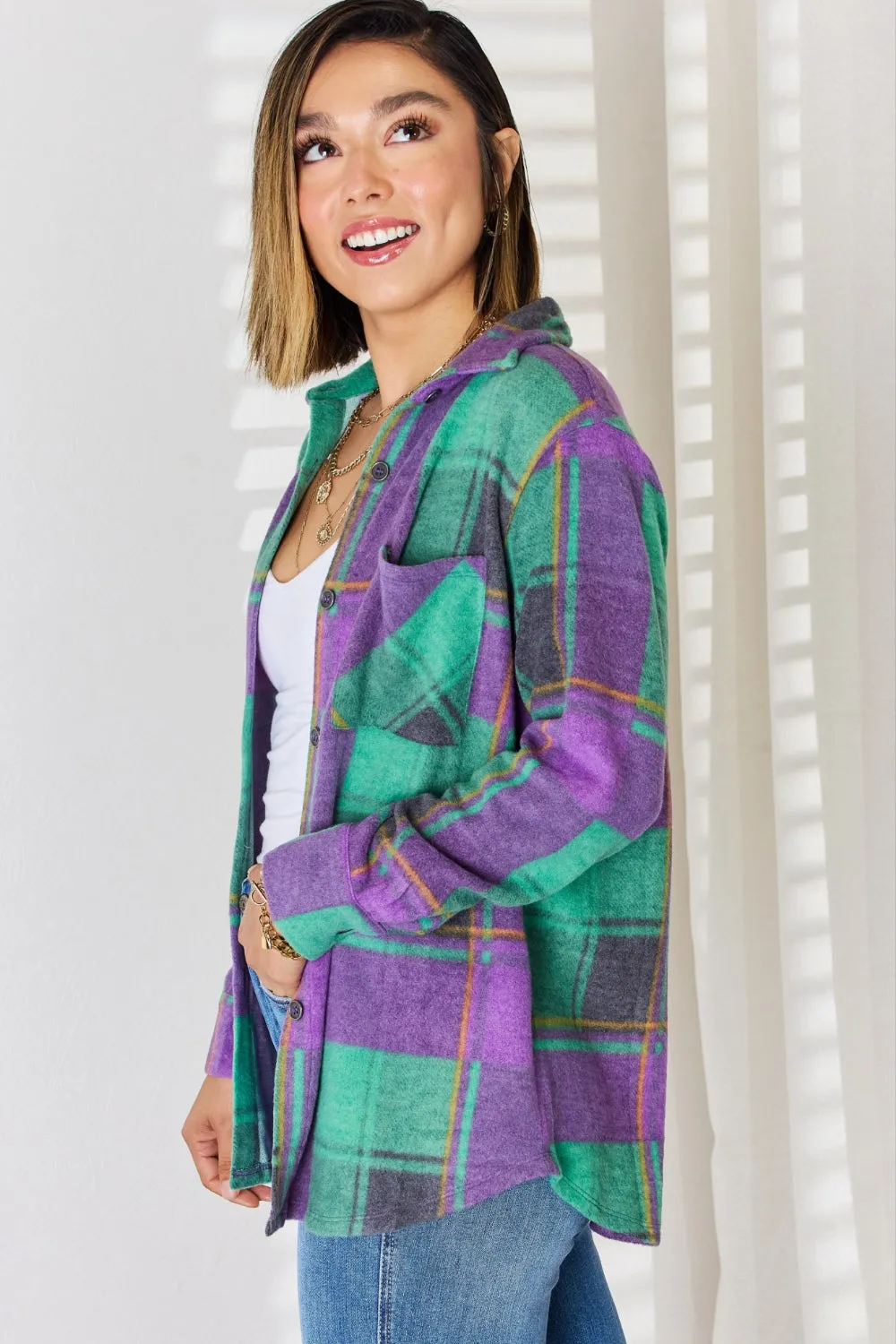 Zenana Plaid Button Up Long Sleeve Jacket